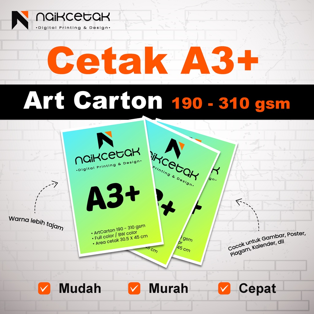 

Cetak Print A3+ | Art Carton 190 - 310 | 1 Sisi / 2 Sisi | Sehari Jadi