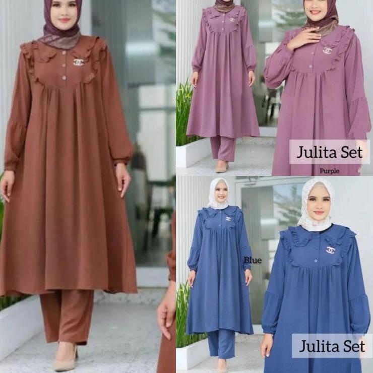 Terbaru JULITA SET LONG LD 115-120cm CRINKLE PREMIUM / SETELAN POLOS LONG TUNIK JULITA / ONE SET POL