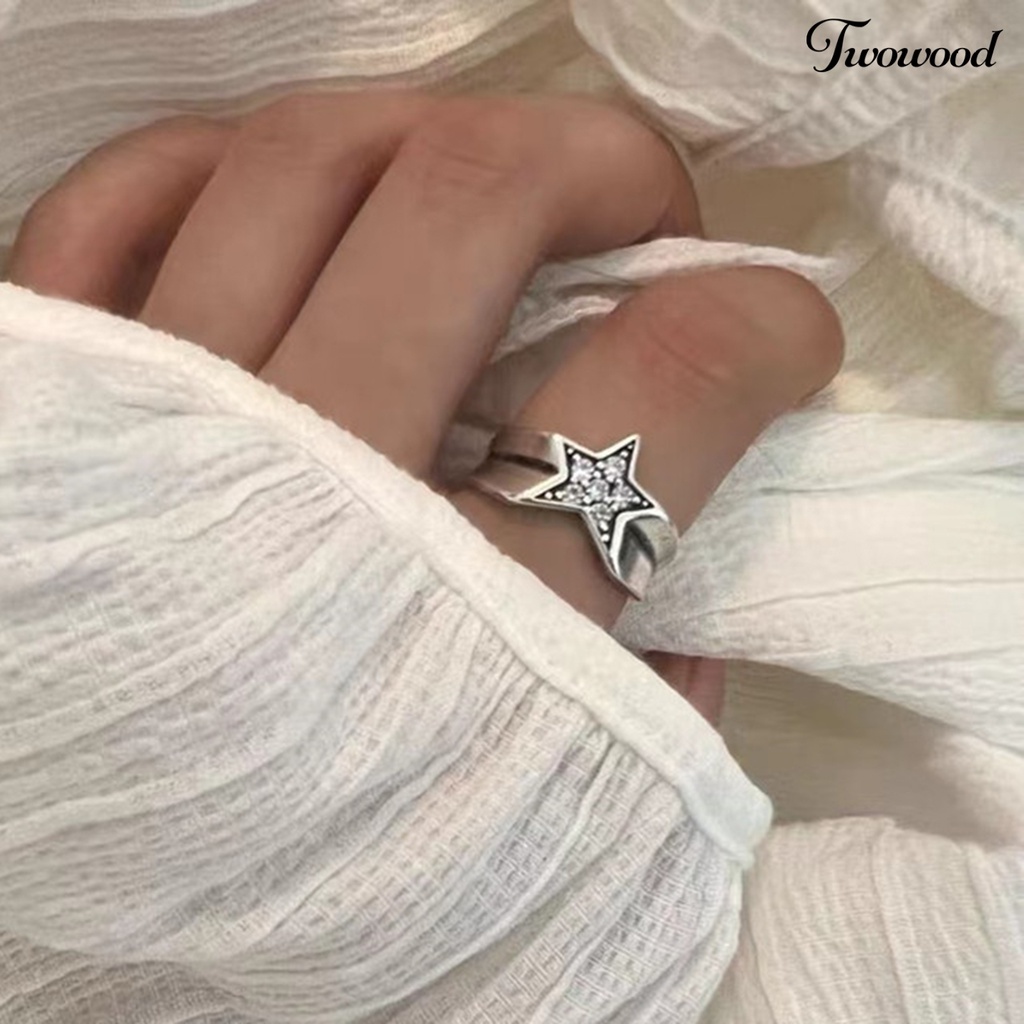 Cincin Model Terbuka Desain Pentagram Irregular Aksen Berlian Imitasi Gaya Vintage Untuk Wanita