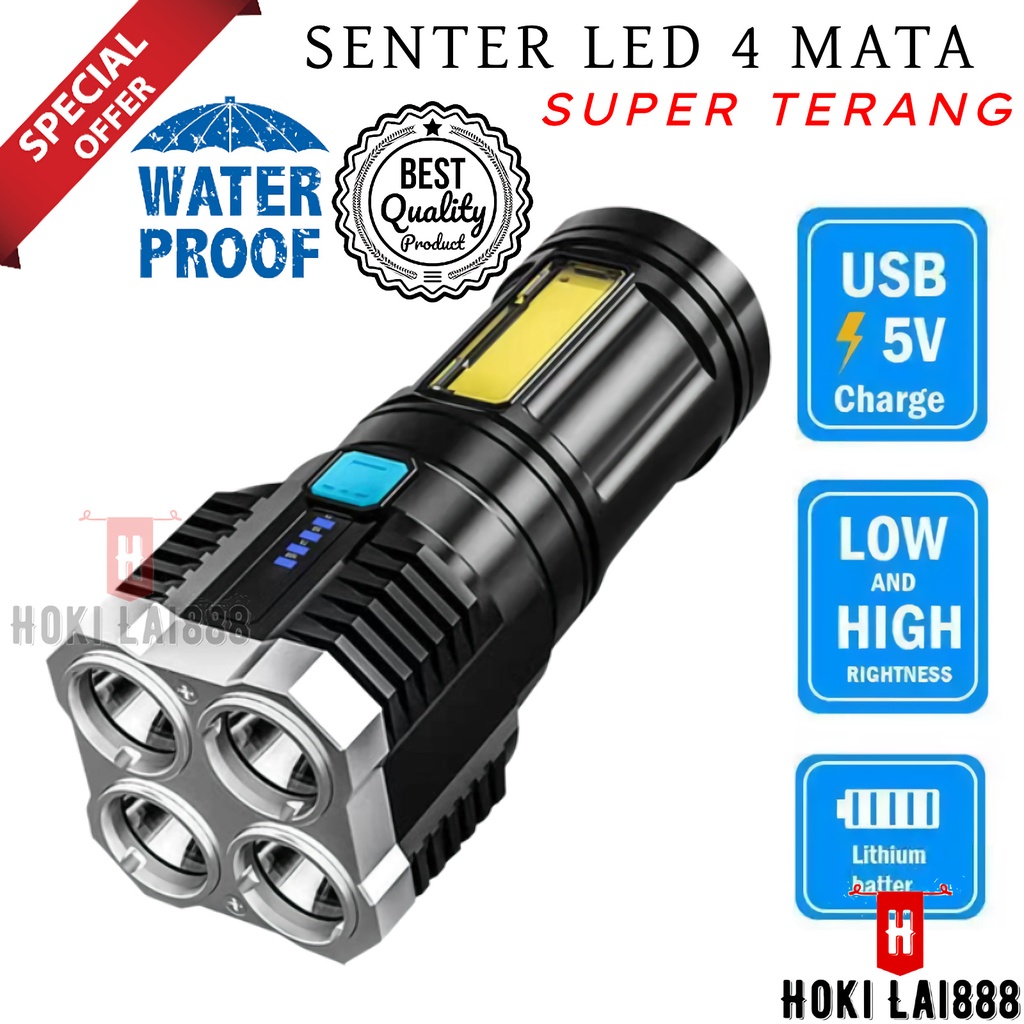 [HKL] SENTER LED CAS SUPER TERANG JARAK JAUH + COB 4 MODE EMERGENCY USB RECHARGE ANTI AIR