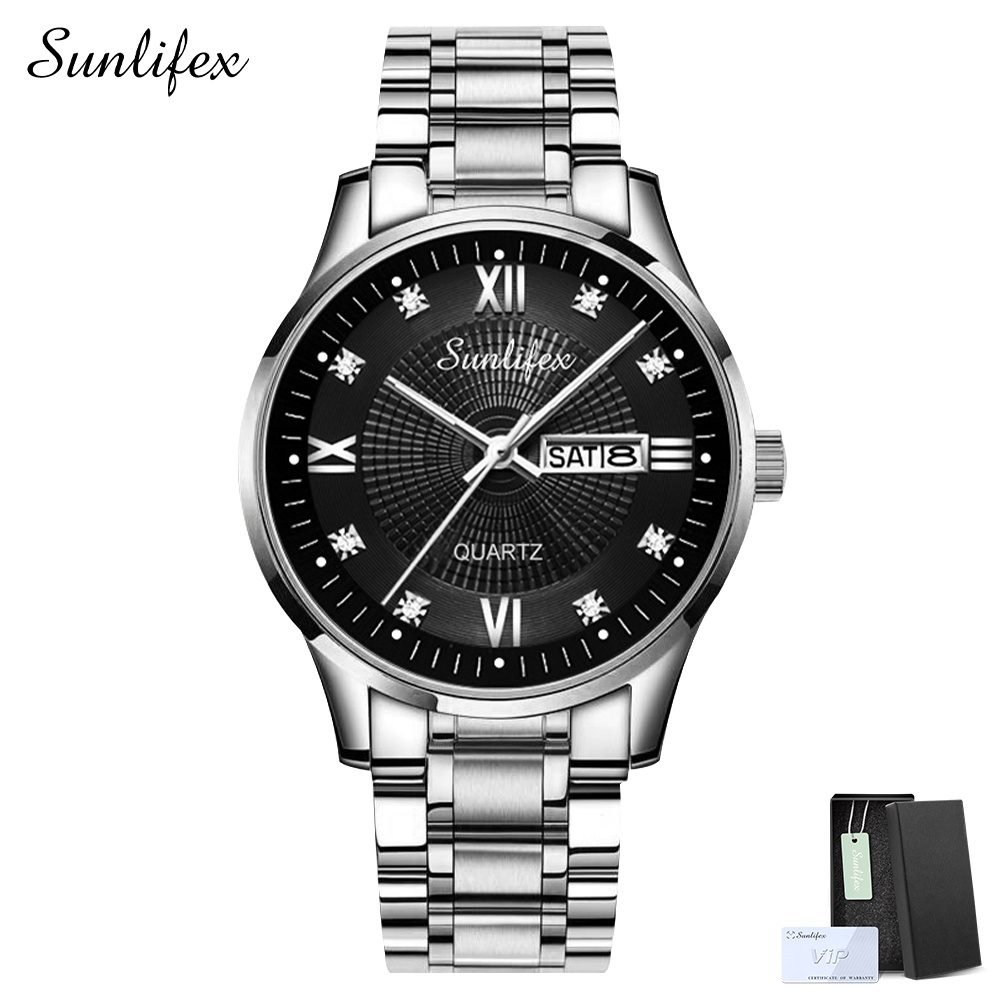 Sunlifex Jam Tangan Pria 9011 Anti Air Kuarsa Original Tali Stainless Steel Calendar Bisnis Santai Jam Tangan Cowok-SilverBlack