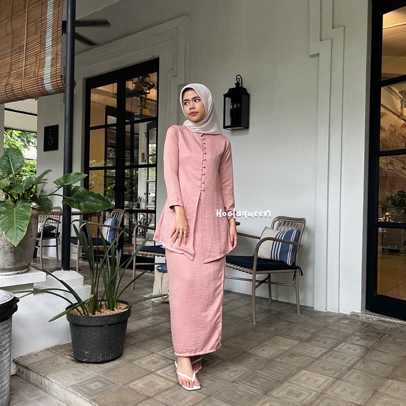 Hoolaqueen - One Set Button Satin Crinkle - Set Kurung Melayu - Baju Kondangan - One Set Rok Melayu