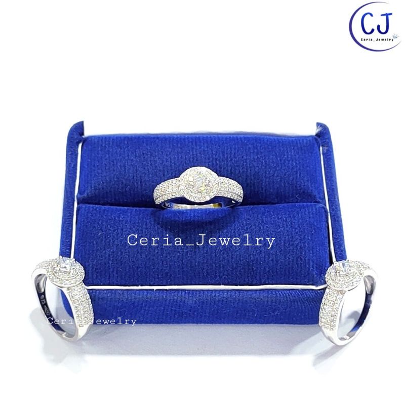 Cincin Perak Asli Silver Wanita 925 Lapis Emas Putih Model Bulat Permata Keliling Permata Samping - Perhiasan Perak Asli Silver