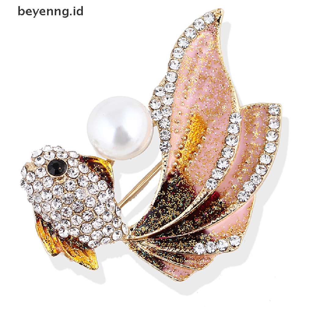 Beyen Enamel Ikan Mas Bros Pin Wanita Berlian Imitasi Kristal Hewan Bros Gaun Perhiasan ID