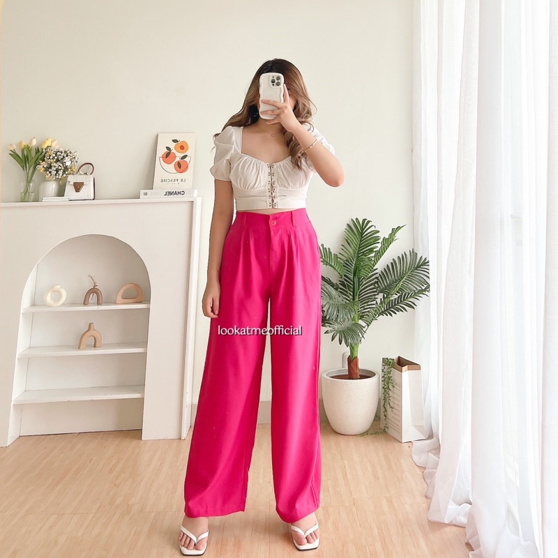 lookatmeofficial - Bora Pants - Celana Kulot Highwaist Polyester - Loose Trousers Pants