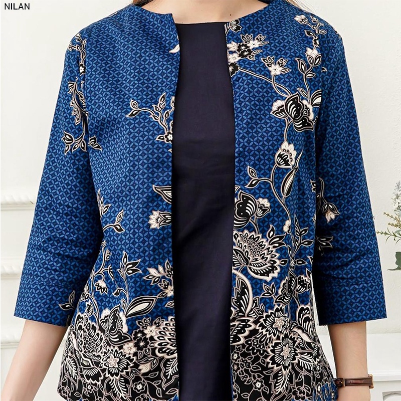 Evercloth Nilan Atasan Batik Jumbo Blouse Wanita Atasan Wanita Blouse Batik Wanita Lengan Panjang Atasan Batik Wanita 3/4 Navy Blazer Outer