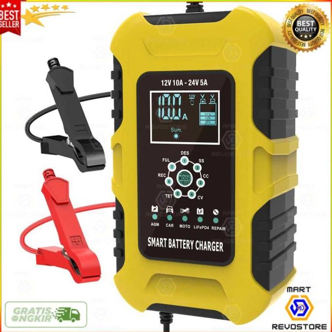 Charger Aki Portable 12V/24A 10A 6-180Ah Mobil Motor LCD FOXSUR