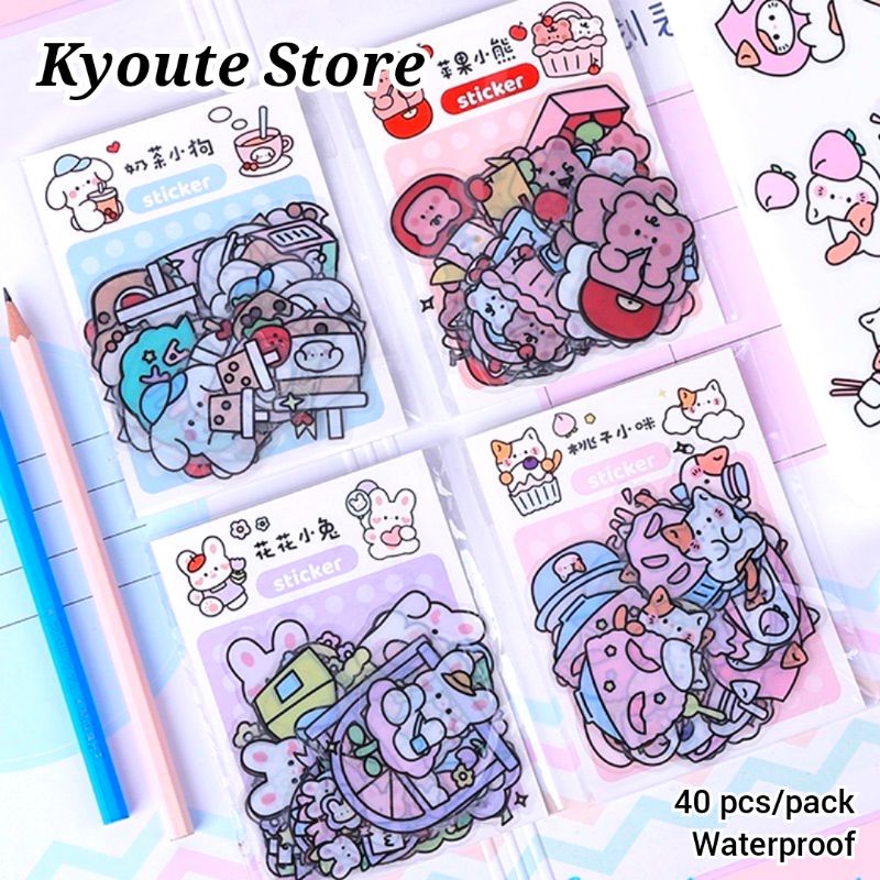 

40 pcs Sticker Waterproof Cute Animal Cat Bear Puppy Bunny Sheep Girl PVC Transparan Journal Scrapbook