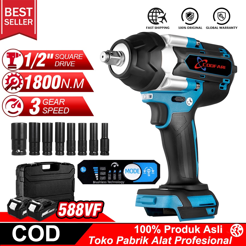 COOFARI 1800N.M Torsi Brushless Electric Impact Wrench Untuk Truk 1/2 Inch Cordless Wrench Driver Alat Untuk Makita 18V Baterai