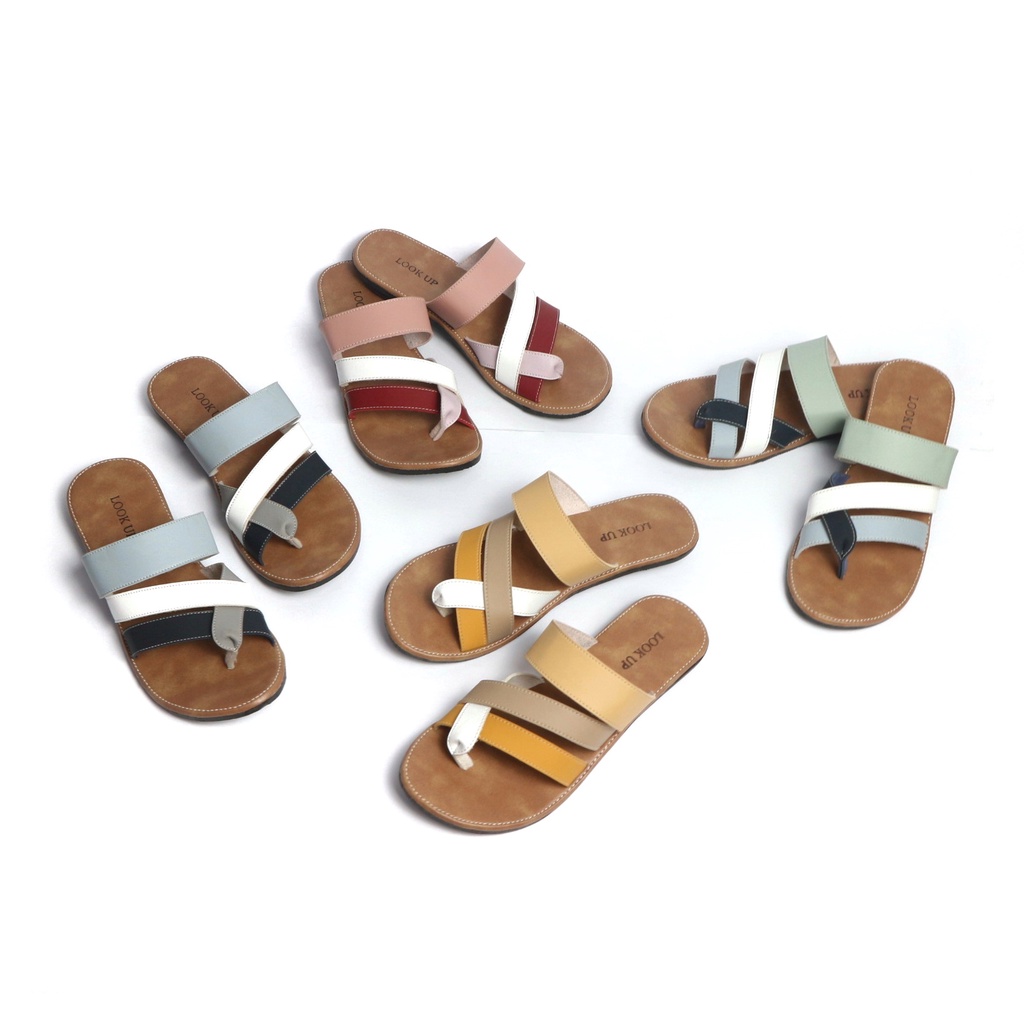 Sandal Kulit Wanita Sandal Jepit Tali Wanita Sandal Jepit Slop Slide Wanita Flat Motif Kombinasi Look Up - AURA