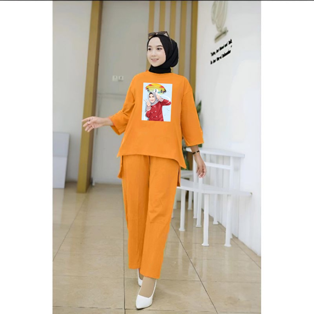 One Set Tunik Hijab Baju Merah/Setelan Tunik Senyawa