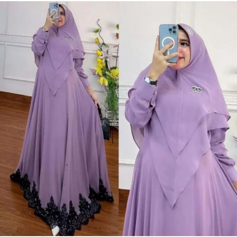 Baju Syari Terbaru 2022 Gamis Set Jilbab Rabiya Syari Khimar 2 Layer Setelan Wanita Muslim Jumbo Ceruty Babydoll Aplikasi Renda