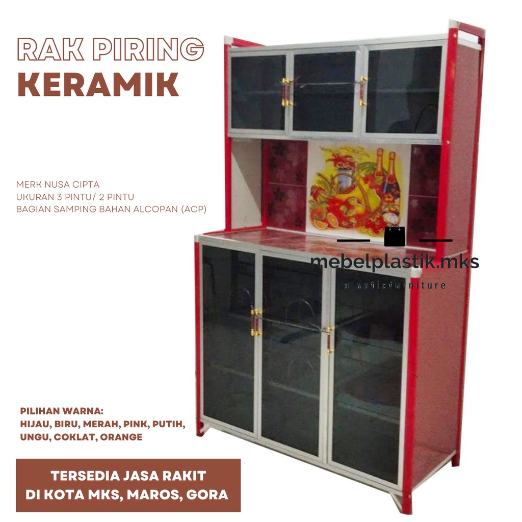 Rak Piring/ Rak Kaca/ Rak Gelas Keramik/Rak Dapur Ukuran 2 Pintu-3 Pintu Tiang Besar/Tiang Holo