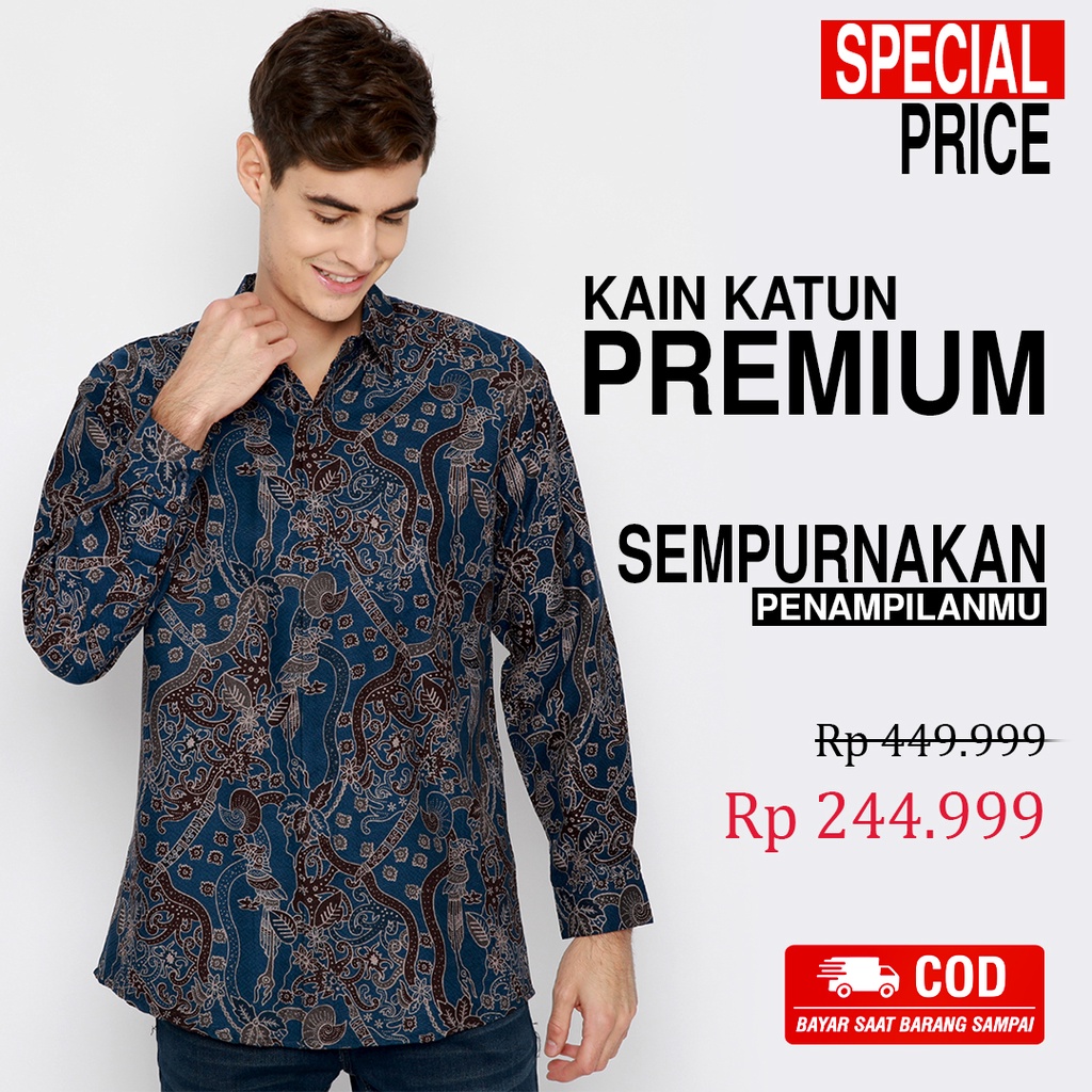 BATIK PRIA LENGAN PANJANG Kemeja Hem Slimfit Premium Motif Burung Asmat Warna Biru Hitam 721028 CAP 72 - Baju Kemeja Atasan Pakaian Setelan Batik Pria Cowok Laki Laki Remaja Keluarga Kantor Lengan Panjang Modern Slimfit Slim Fit Premium Kekinian