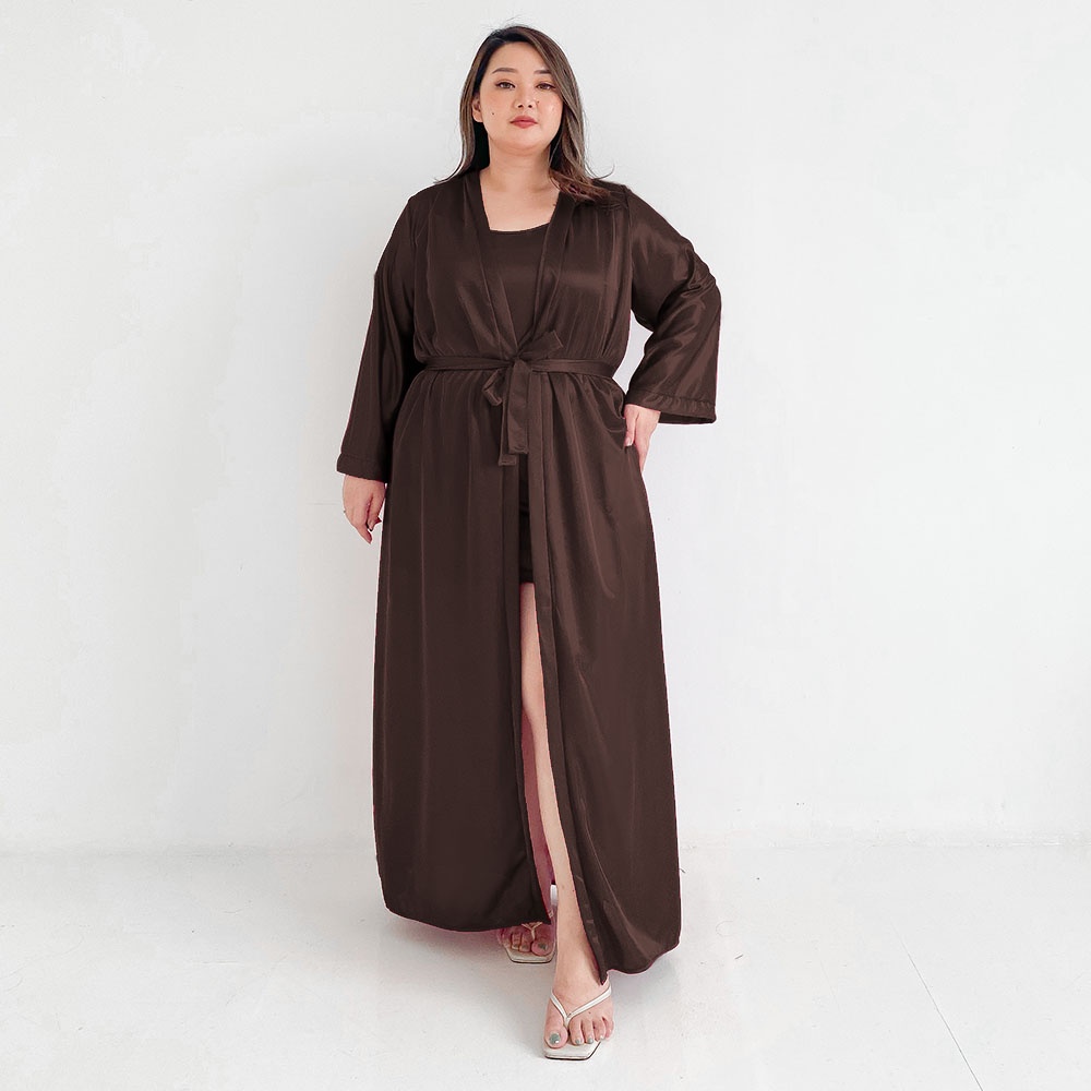 FOLVA kimono set panjang piyama satin 1382KGSET_XL Coklat XL jumbo