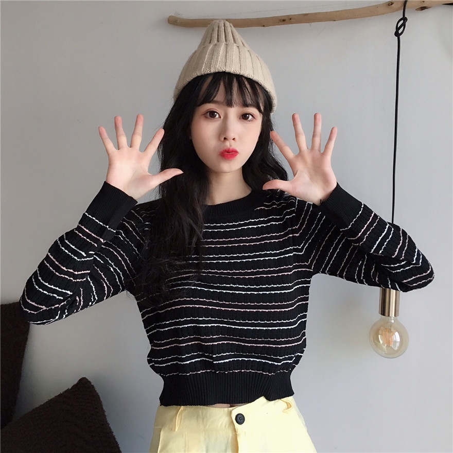 Crewneck Wanita Atasan Rajut Lengan Panjang Stripe Casueal Top Terbaru