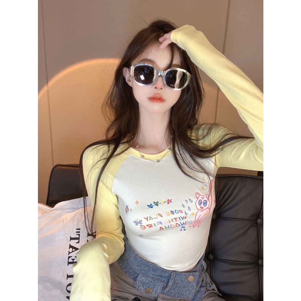 Red Warna kontras manis dan murni bernafsu musim gugur lengan panjang atasan wanita versi Korea dari kemeja bottoming t-shirt ramping dan tipis dengan ins