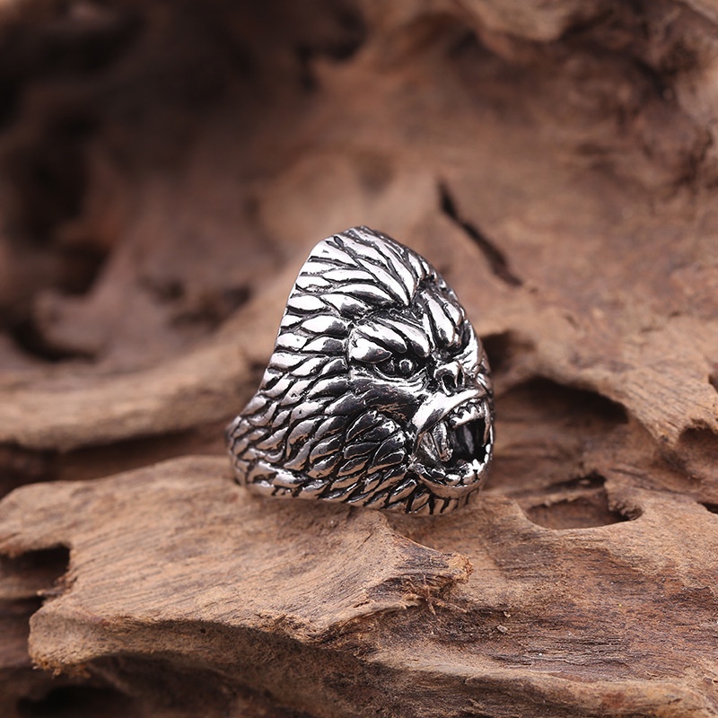 Cincin Desain Kepala Gorilla Bahan alloy Gaya vintage Eropa Amerika Untuk Pria