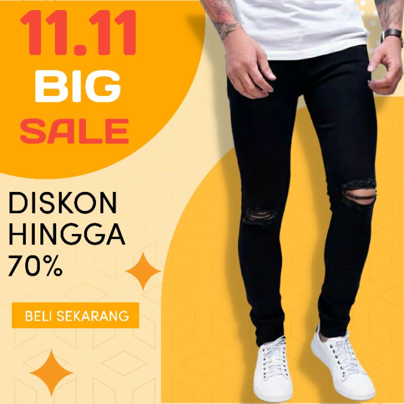 Jual Celana jeans sobek lutut pria ripped jeans celana panjang hitam