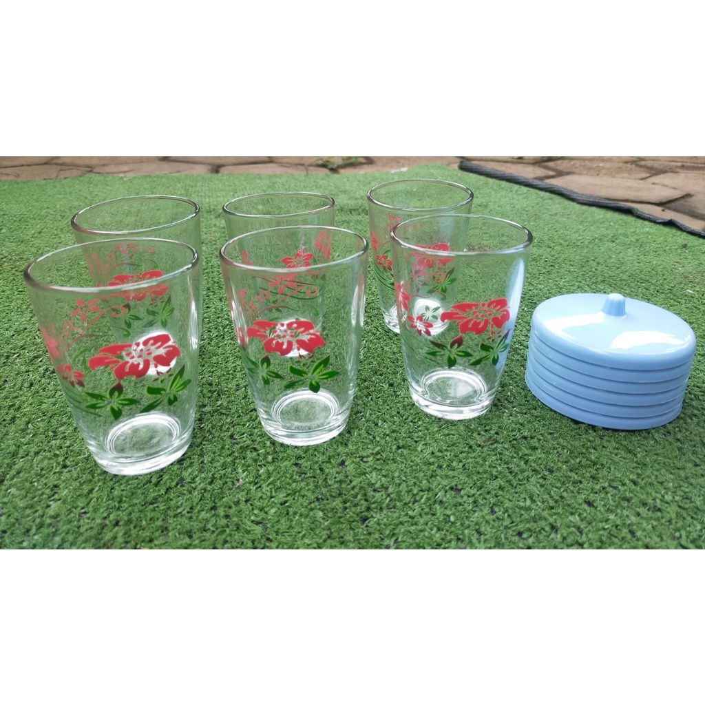 Gelas air minum motif kembang 6PCS free tutup gelas plastik