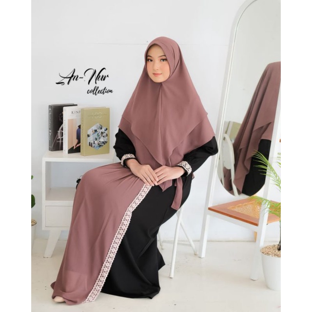 Gamis Marwah Annur set Khimar syari Itycrepe premium mix Ceruty babydoll Renda cantik ootd fashion wanita masa kini