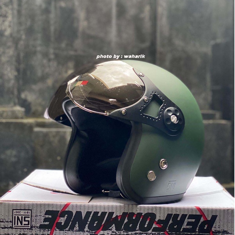 helm retro vespa hijau army dop + visor
