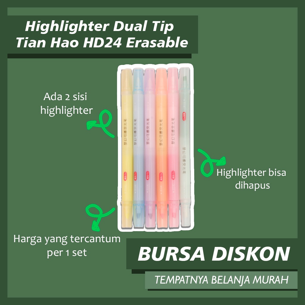 

Highlighter Dual Tip Tian Hao HD24 Erasable Stabilo Textlighter Bisa Dihapus Spidol Pastel Marker
