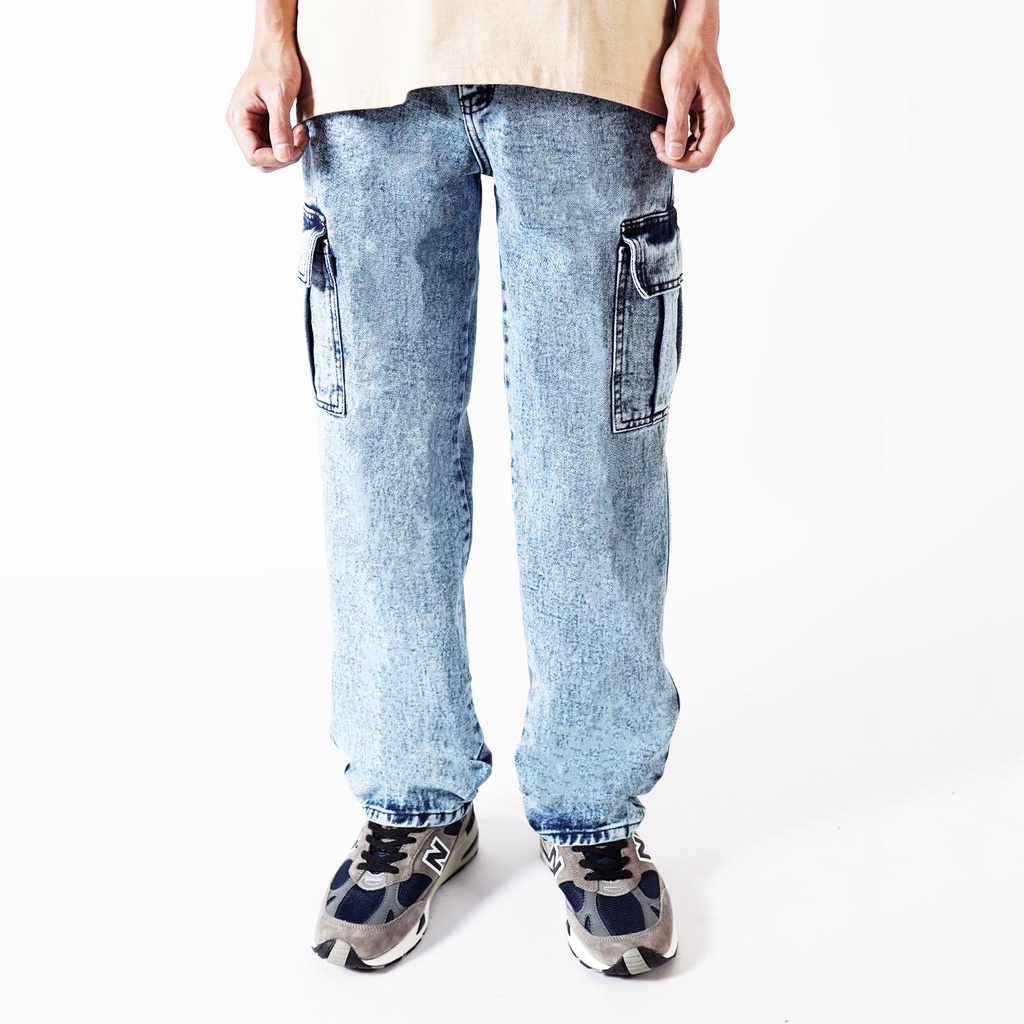 Pluviophile - Long Cargo pants jeans Celana cargo jeans loose fit  Reguler Standard washed