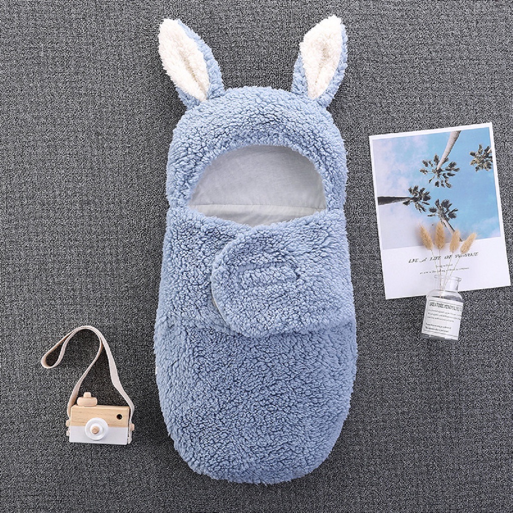 Selimut Bedong Bayi Praktis Lucu 0-1 Tahun Bahan Bulu Domba Motif Kelinci