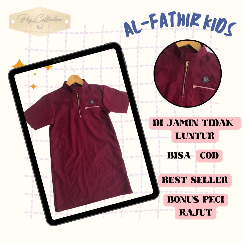 [AL-FATHIR KIDS] Gamis Jubah  Polos  Anak Laki Laki Lengan Pendek Gamis Ziper  Jubah Koko Anak Usia 3-12thn