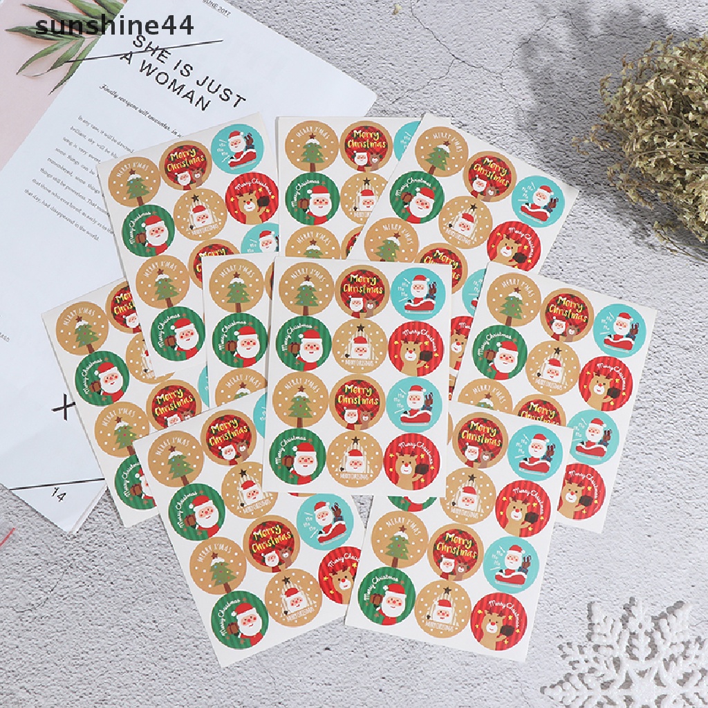 Sunshine 120pcs Stiker Label Bulat Tulisan Merry Christmas Untuk Hadiah Natal