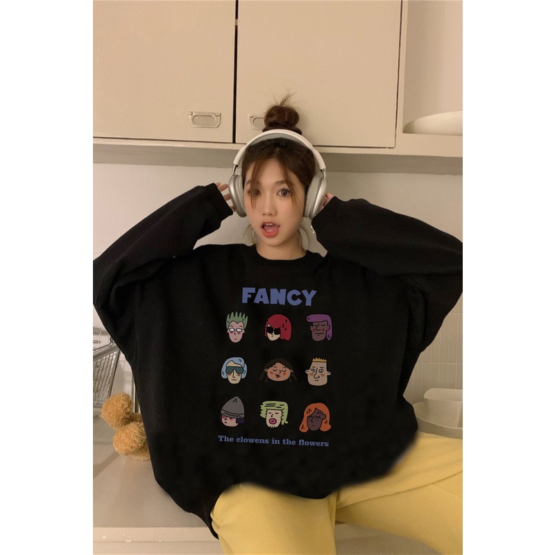 EUNII Sweater Lengan Panjang Retro Cartoon Hip Hop boy Korean Style/Hoodie Oversize/Baju Wanita/Switer Wanita