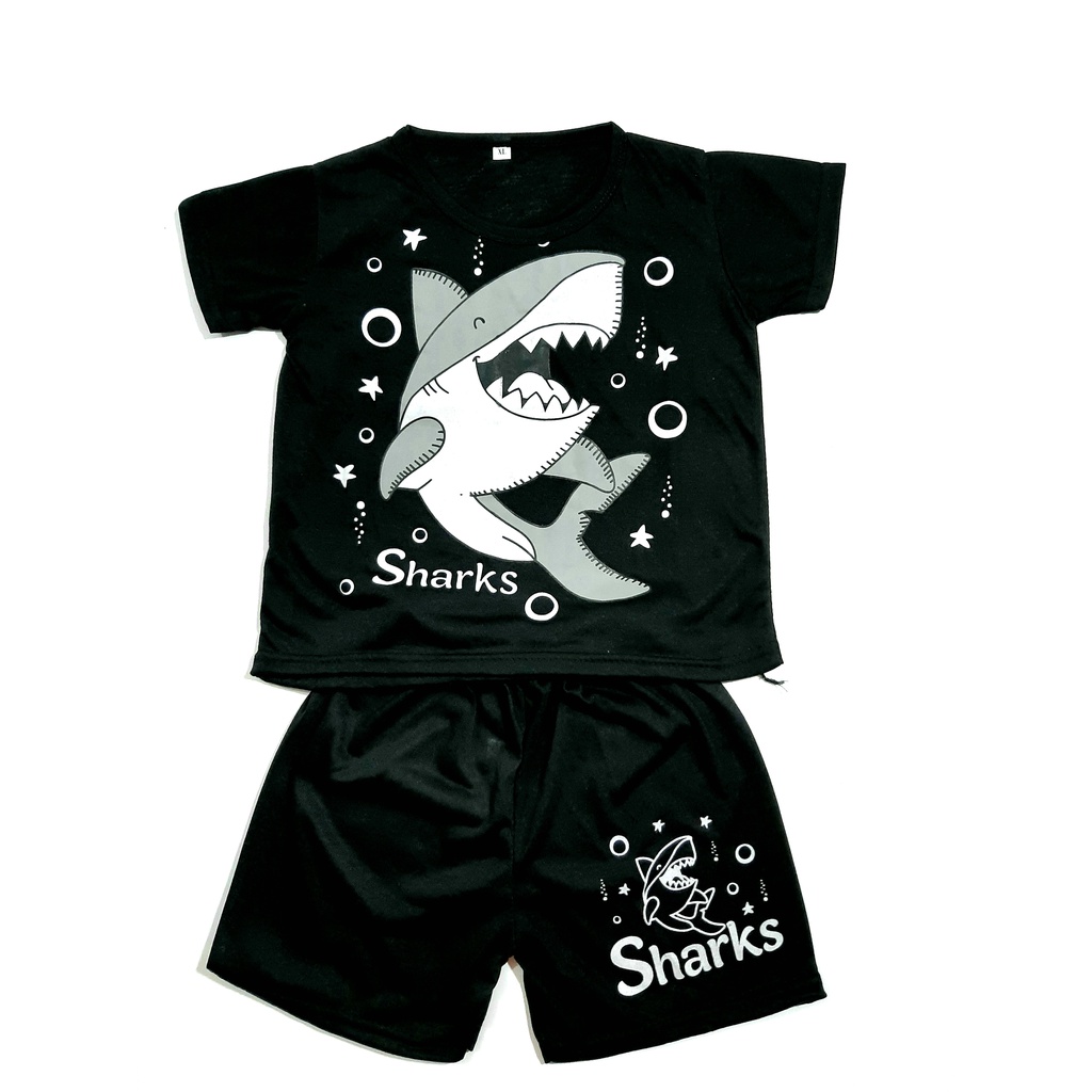 setelan kaos anak Laki-laki singlet / PDK 1-10 tahun lengan pendek celana hitam  baju ikan hiu shark fish cowok Grosir ecer