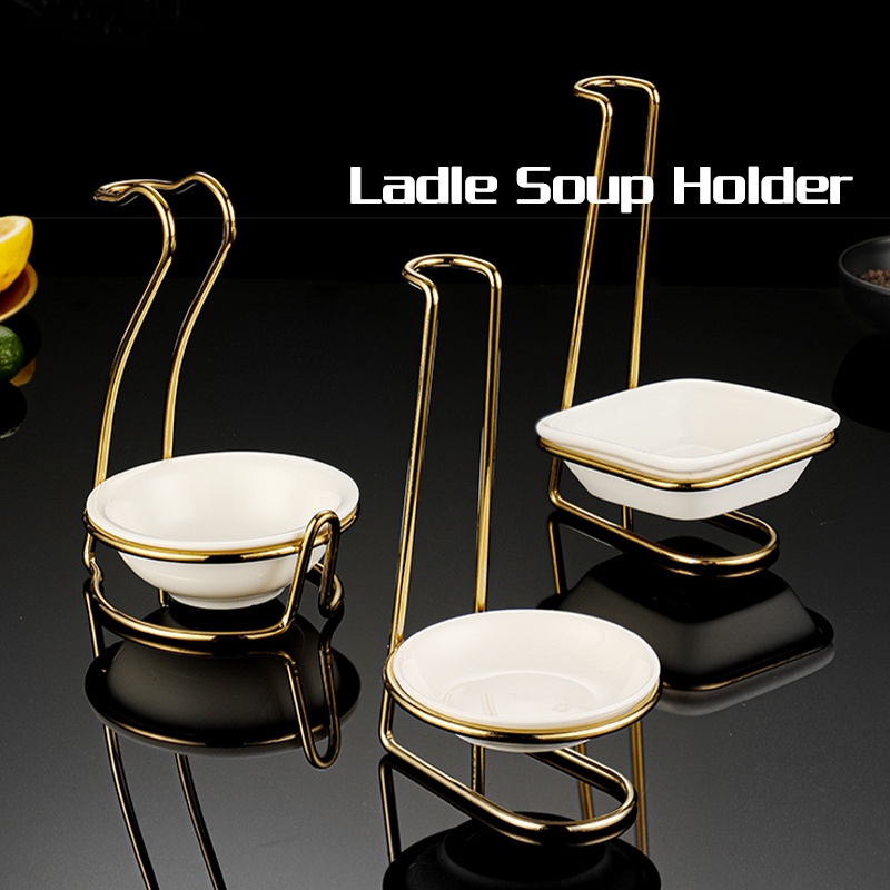 Ladle Soup Holder / Ladle Stand Spoon Holder Sendok Sup Berdiri Stainless Emas dengan Mangkuk Keramik