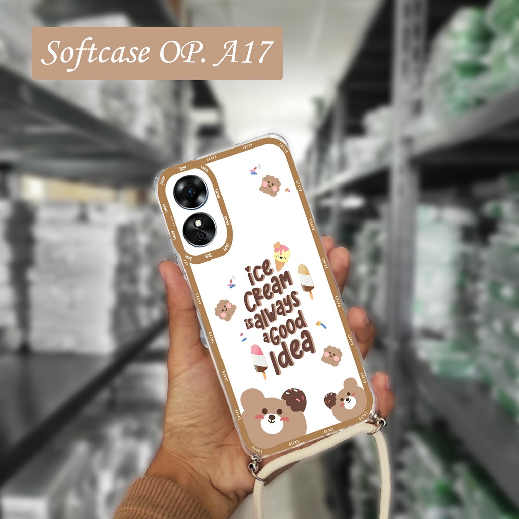 Softcase Bening Motif Bear + Tali Sling Oppo A17 Terbaru - Case HP Oppo A17 Terbaru - Kesing HP Oppo