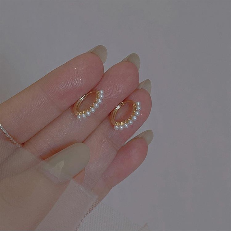 Set Anting Hoop Hias Mutiara Warna Emas Untuk Wanita