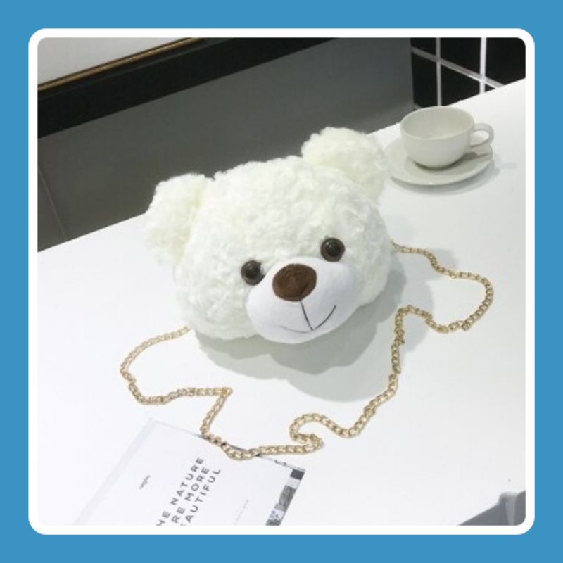 EMOEMO-Tas Bulu Selempang Wanita Teddy Bear Tas Boneka Kepala Beruang Tali Rantai Korean Style