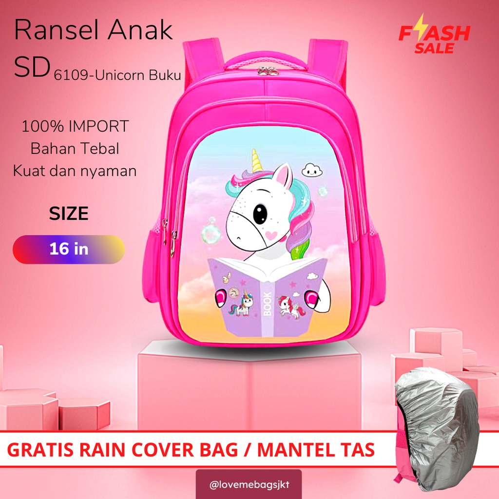 LMB Tas Anak Perempuan SD Import Sekolah Karakter Lucu Bagian Gambar Depan Timbul 6D Bahan Nilon Kualitas Premium Tebal