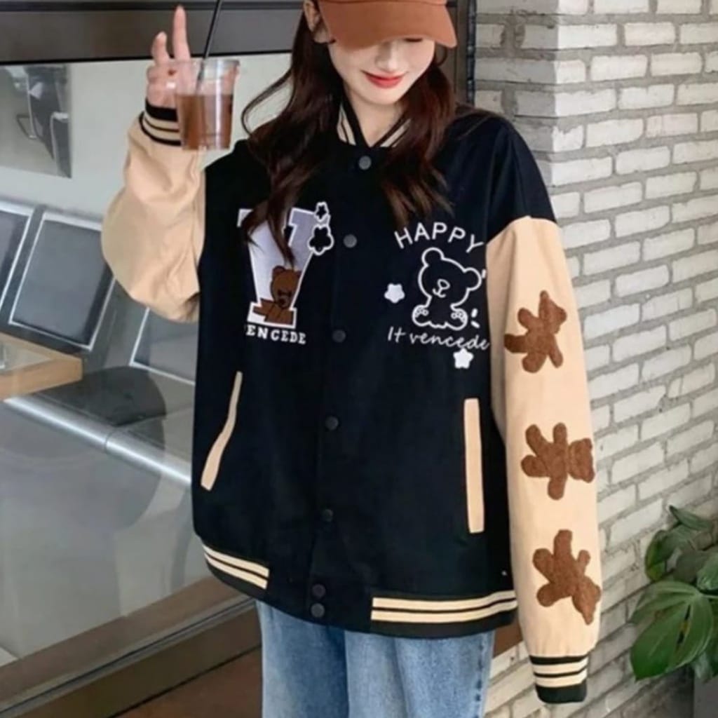 V Happy Baseball Jacket Wanita Oversize | Sweater Jaket Varsity Wanita Kekinian Lucu
