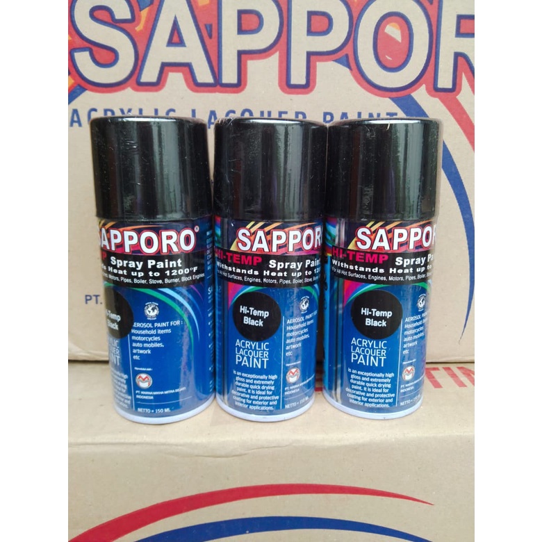 saporo acrylic lacquer paint pilok pilox cat spray sapporo 150ml hi temp black tahan panas hitam anti panas hitam pilok knalpot blok mesin 150ml