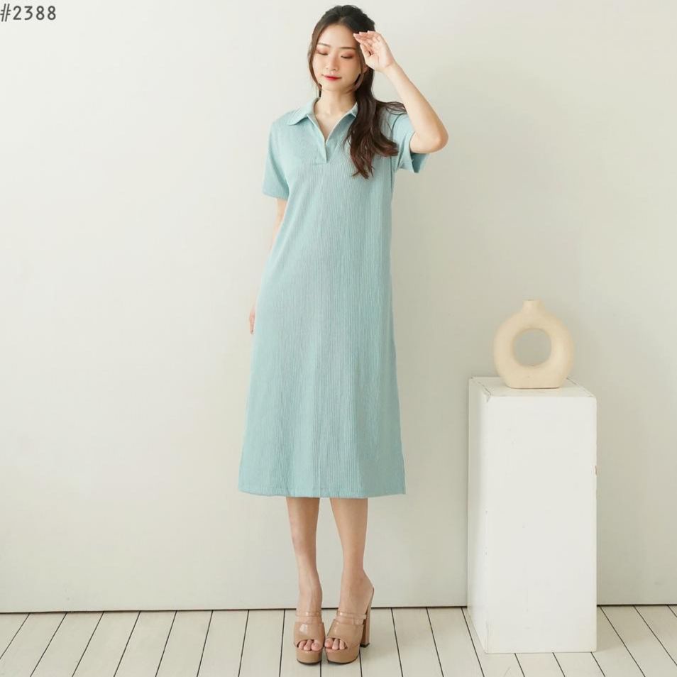 lookatmeofficial • Sienna Midi Knit Rib Dress - Basic Casual Dress Kerah V-2388