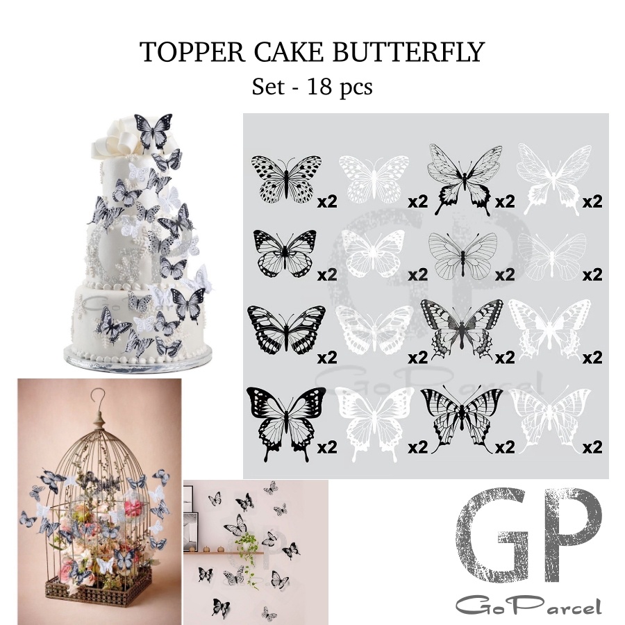 ( Set 18 Pcs ) TOPPER CAKE BUTTERFLY / TOPER KUE KUPU - KUPU / HAPPY BIRTHDAY CAKE DECORATION SUPPLIES AESTHETIC / ESTETIK / AKSESORIS HIASAN BUKET BUNGA / KARANGAN BUNGA / KERTAS BUNGA / CELLOPHANE /  FLOWER WRAPPING KOREAN STYLE / FLORIST PESTA