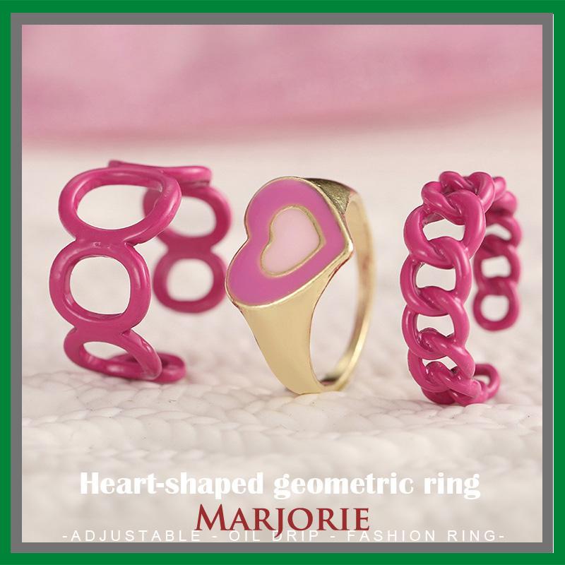 3PCS Heart Geometry Rings Cincin Geometri Jantung Cincin Mode Menetes Minyak yang Dapat Disesuaikan untuk Aksesoris Perhiasan Wanita-MJD