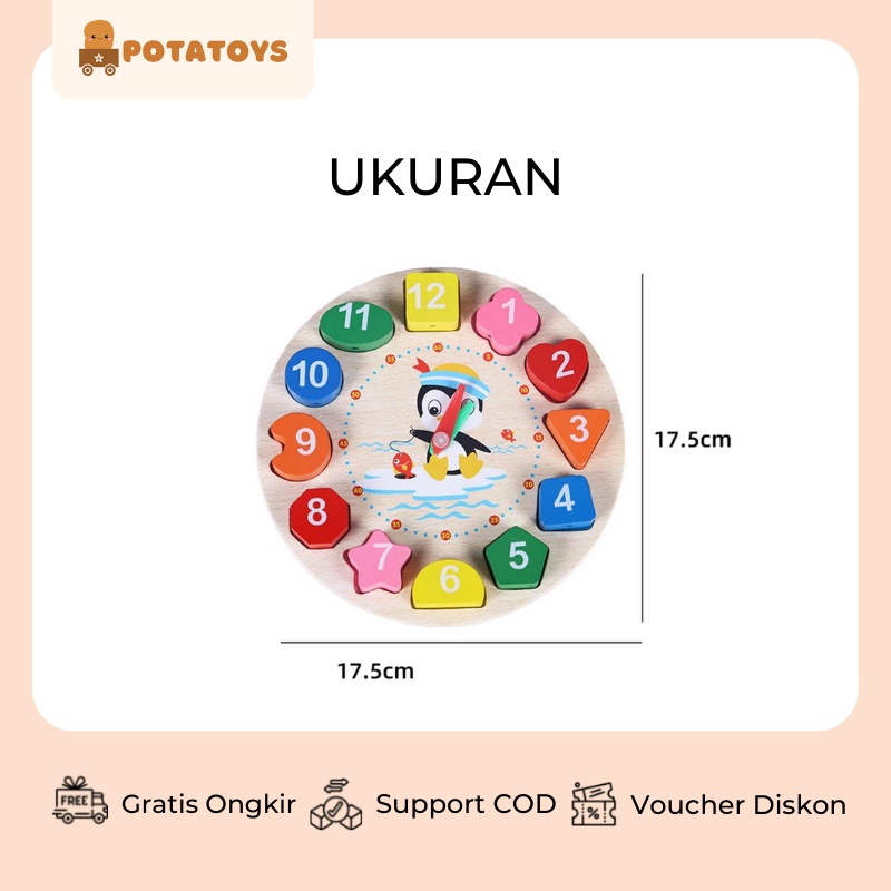 [ Potatoys  ] Mainan Edukasi Anak / Puzzle Jam Kayu / Wooden Clock Toys / Mainan Montessori Beads