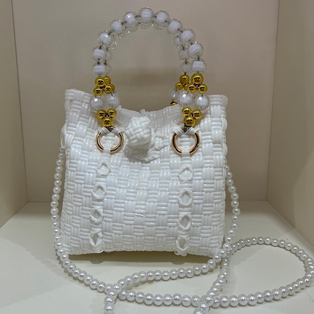 (TANPA ACCESORIES) BABY SULTAN Tas Jali Jaly Tas Anyaman Plastik Premium Mini Handle Mutiara Premium