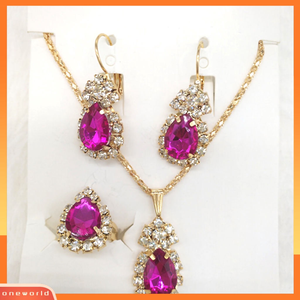 3pcs / Set Kalung Anting Cincin Liontin Water Drop Berlian Imitasi Bahan Alloy Warna Cerah