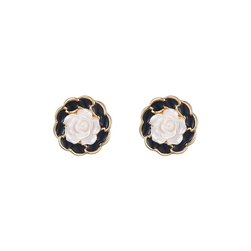 IFYOU Anting Stud Desain Bunga Camellia Hitam Aksen Mutiara Gaya Vintage Untuk Wanita