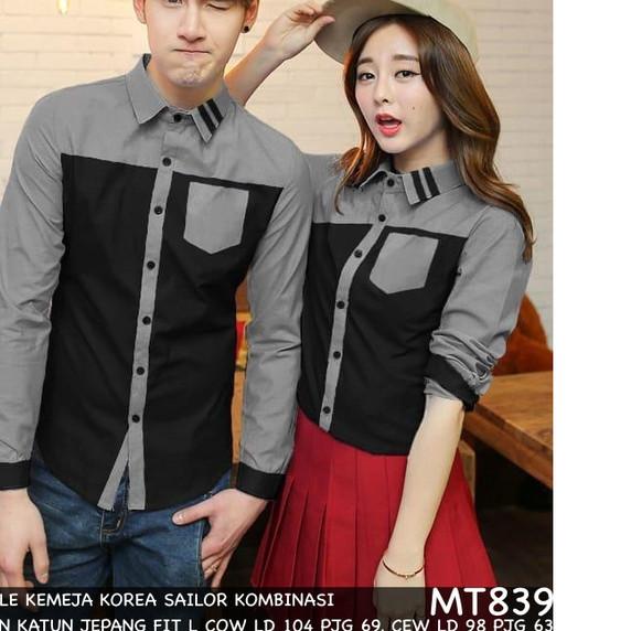 KEMEJA COUPLE/KEMEJA PASANGAN/BAJU COUPLE KOREA HEM SAILOR KOMBINASI - Hitam