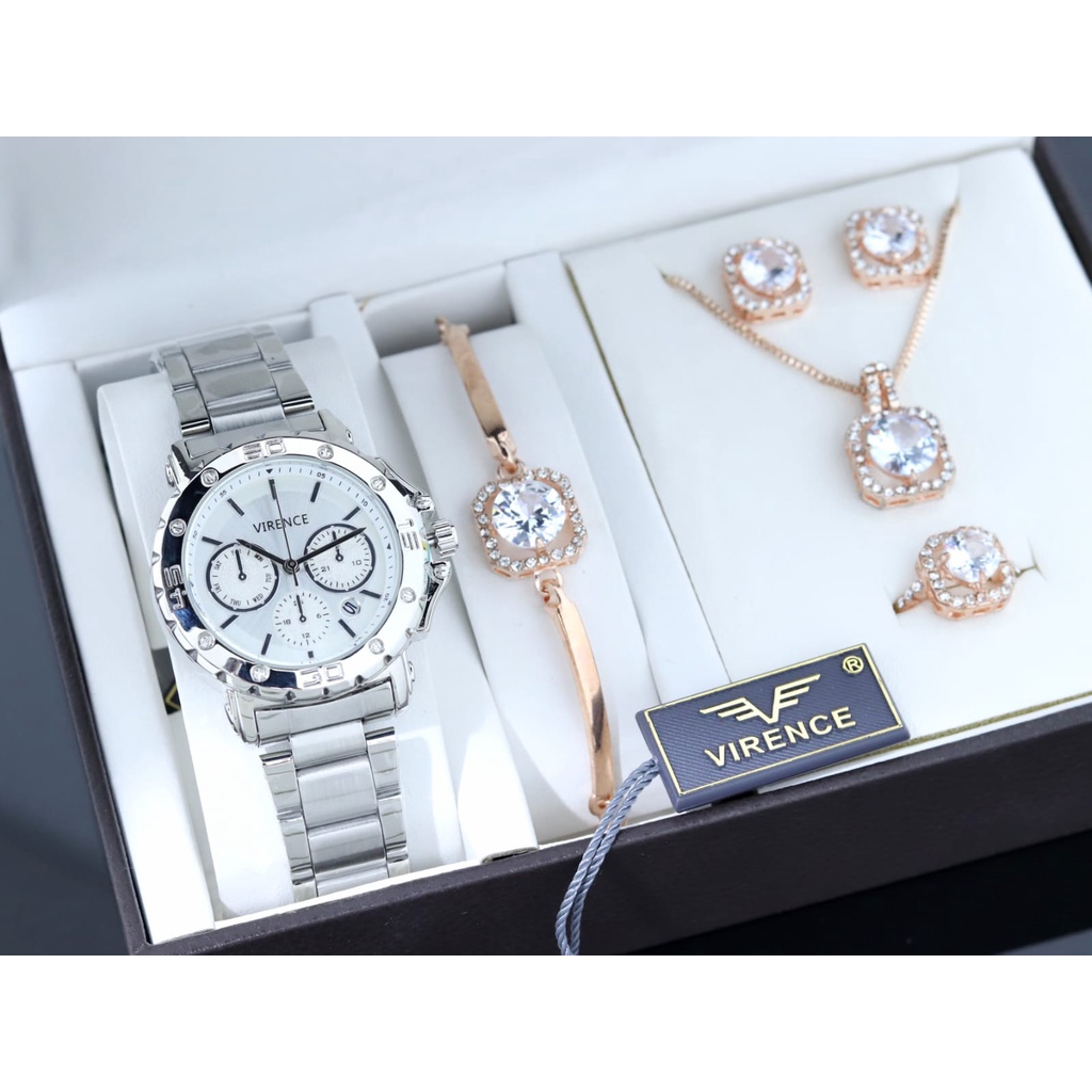 Jam tangan Wanita VIRENCE original V3002RT Strap Rantai Chrono off Tanggal Aktif Free Full set Aksesoris