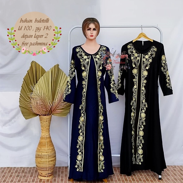 Abaya Hitam Navy Gamis Arab Turkey Layer Bordir Dress Arab Gamis Maxi Dress Free Pashmina Bahan Balotelli Full Bordir